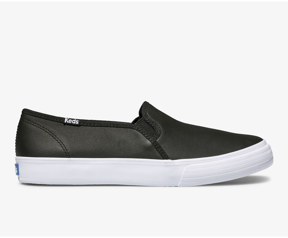 Slip On Γυναικεια - Keds Double Decker Δερματινα - Μαυρα - LZQGI5031